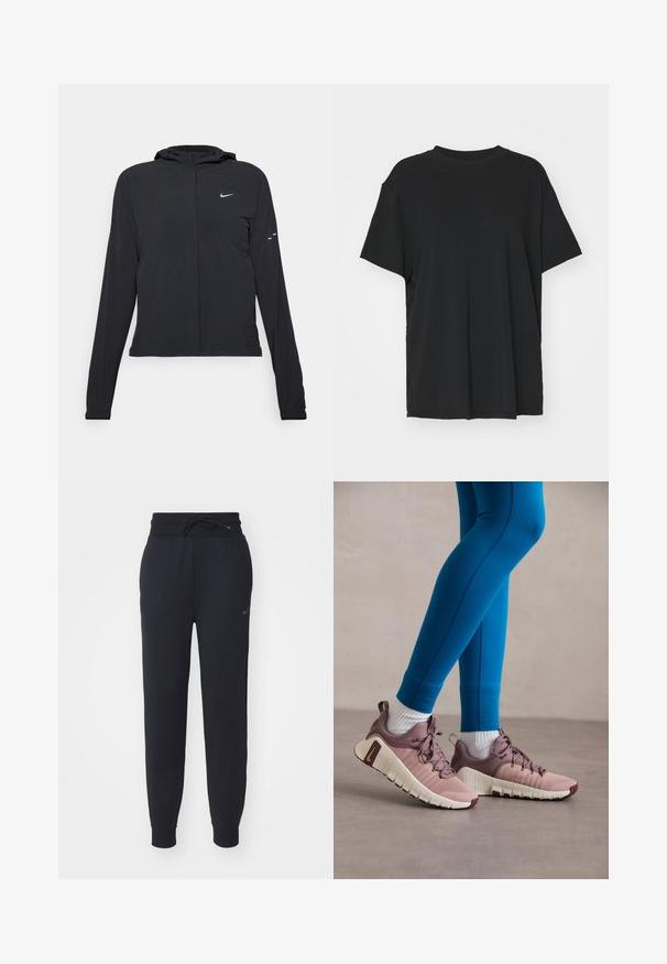 Black hooded jacket with long sleeves, made from lightweight material. Features a front zipper, a Nike logo, and subtle design accents.; Black short-sleeve t-shirt made of smooth fabric, with a crew neck and loose fit. Features side slits for added comfort and breathability.; Black jogger pants made of soft fabric, featuring an elastic waistband with drawstring, side pockets, and a subtle logo on the left thigh.; Athletic shoes in light pink and beige with textured side panels, brown accents, and flexible soles. Worn with blue leggings and white socks.