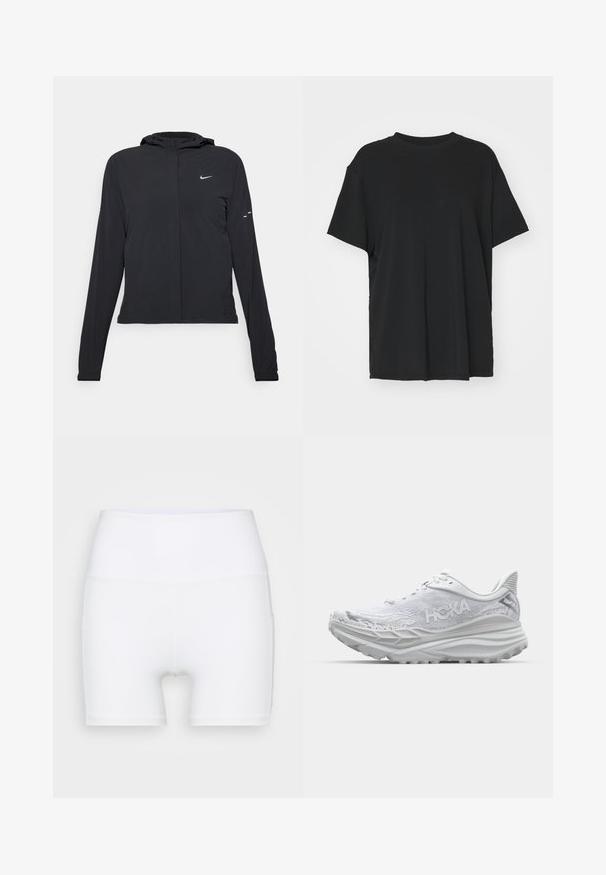 Zwarte kaptrui met lange mouwen, gemaakt van lichtgewicht materiaal. Voorzien van een ritssluiting aan de voorkant, een Nike-logo en subtiele ontwerpelementen.; Zwarte korte mouwen t-shirt van soepel stof, met een ronde hals en een losse pasvorm. Heeft zij-splitten voor extra comfort en ademend vermogen.; Witte hoge taille shorts van rekbare stof. Kenmerken een gladde textuur en een aansluitend ontwerp, zonder extra patronen of hardware.; Witte hardloopschoen met een textuur bovenwerk, gevoerde zool en uitgesproken hak. Bevat een accentueerd logo en veters, ontworpen voor comfort.