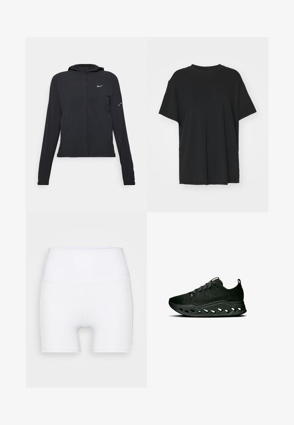 Sort hættetrøje med lange ærmer, lavet af letvægtsmateriale. Har en frontlynlås, et Nike-logo og subtile designaccenter.; Sort kortærmet t-shirt lavet af glat stof, med rund hals og løs pasform. Har sideskår for ekstra komfort og åndbarhed.; Hvide højtaljede shorts lavet af strækstof. Har en glat tekstur og en tætsiddende design, uden yderligere mønstre eller hardware.; On CLOUDSURFER MAX - Løbesko til landevejen - black eclipse