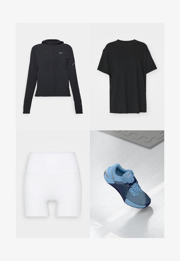Črna kapuča s dolgimi rokavi, izdelana iz lahkega materiala. Ima sprednji zadrgo, logotip Nike in subtilne oblikovne detajle.; Črna kratka majica s kratkimi rokavi, izdelana iz gladkega materiala, s kroјnim ovratnikom in prostim krojem. Ima stranske razpoke za dodatno udobje in zračnost.; Bele visoke hlače iz raztegljivega materiala. Imajo gladko teksturo in oprijet obliko, brez dodatnih vzorcev ali kovinskih delov.; Svijetloplave atletske tenisice s tamnoplavi akcentima, teksturirana mrežasta gornja strana, ojačan vrh, ravne vezice i srebrni logotip sa strane.