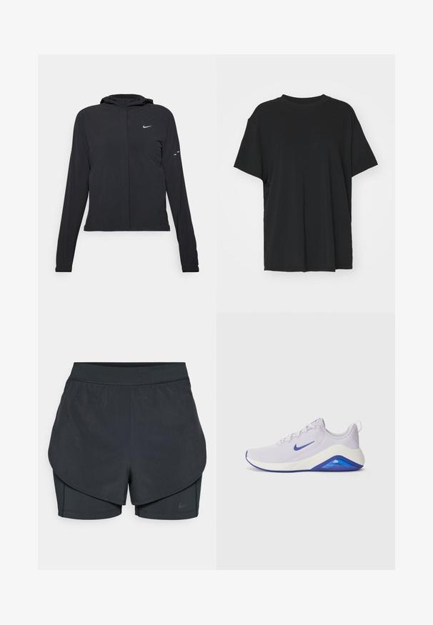 Black hooded jacket with long sleeves, made from lightweight material. Features a front zipper, a Nike logo, and subtle design accents.; Black short-sleeve t-shirt made of smooth fabric, with a crew neck and loose fit. Features side slits for added comfort and breathability.; Black athletic shorts with a layered design, featuring a smooth outer layer and fitted inner shorts. Made of lightweight, stretch fabric.; Light purple athletic shoe with a breathable mesh upper, white midsole, and a blue accent on the heel and sole. Features laces and logo.