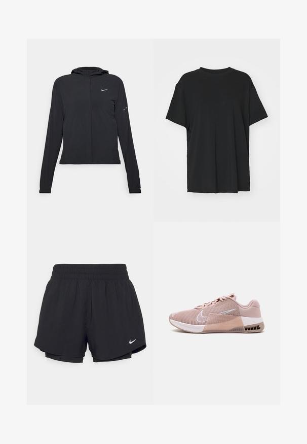 Mustassa hupparissa on pitkät hihat, ja se on valmistettu kevyestä materiaalista. Siinä on edessä vetoketju, Nike-logo ja hillityt muotoiluyksityiskohdat.; Musta lyhythihainen t-paita, joka on valmistettu sileästä kankaasta. Paidan muotoilu on pyöreä kaula-aukko ja väljä istuvuus. Lisämukavuutta ja hengittävyyttä lisäävät sivuhalkiot.; Mustat urheilushortsit, joissa on kootut joustovyötärö, vuori ja valkoinen Nike-logo vasemmassa alakulmassa. Suoraviivainen, kevyt kangas.; Nike Performance METCON 9 - Treenikenkä - pink oxford/white/diffused taupe/pearl pink