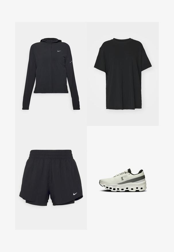 Sort hættetrøje med lange ærmer, lavet af letvægtsmateriale. Har en frontlynlås, et Nike-logo og subtile designaccenter.; Sort kortærmet t-shirt lavet af glat stof, med rund hals og løs pasform. Har sideskår for ekstra komfort og åndbarhed.; Sorte atletiske shorts med en samlet elastisk talje, indvendig foring og hvidt Nike-logo nederst til venstre. Glat, letvægtsstof.; Hvid atletisk sko med en tekstureret strikket overdel, grå stribe og en tyk, polstret sål med hexagonale udskæringer for fleksibilitet.
