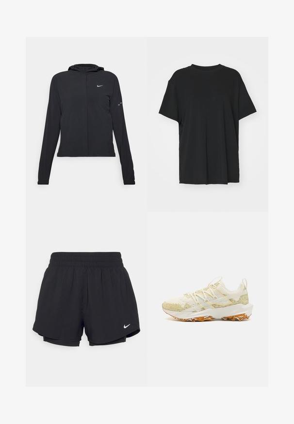 Must musta kapuutsiga jakk, millel on pikad varrukad ja mis on valmistatud kergetest materjalidest. Omab esitaskut, Nike logo ja kergelt silmatorkavaid disainiaktsente.; Must have lühikeste varrukatega must t-särk, mis on valmistatud siledast kangast, ümmarguse kaelusega ja laia lõikega. Omab külgslitsid, mis pakuvad lisamugavust ja hingavust.; Mustad mustad lühikesed püksid kokkutõmmatava elastse vöökohtadega, sisemise voodriga ja valge Nike logo alumises vasakus nurgas. Sile, kerge kangas.; Kergedelise jalanõud heledas kreemjas värvuses, roheliste marmorist aktsentidega. Omab võrgusilma pealispinda, tekstureeritud kummist tallat ja lamedaid paelu.
