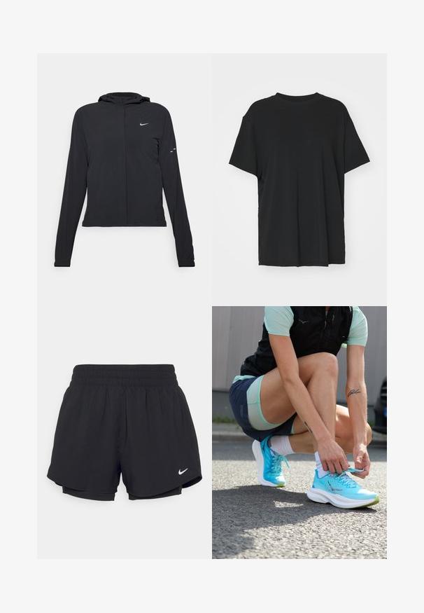 Giacca nera con cappuccio e maniche lunghe, realizzata in materiale leggero. Presenta una zip frontale, il logo Nike e accenti di design sottili.; T-shirt nera a maniche corte realizzata in un tessuto morbido, con collo rotondo e vestibilità ampia. Presenta delle fessure laterali per un comfort e una traspirabilità aggiuntivi.; Shorts sportivi neri con un elastico arricciato in vita, fodera interna e logo Nike bianco sul lato sinistro in basso. Tessuto liscio e leggero.; Scarpe da corsa leggere di colore turchese con tomaia in rete texturizzata, suole bianche e dettagli verdi, allacciate da una persona su un marciapiede.