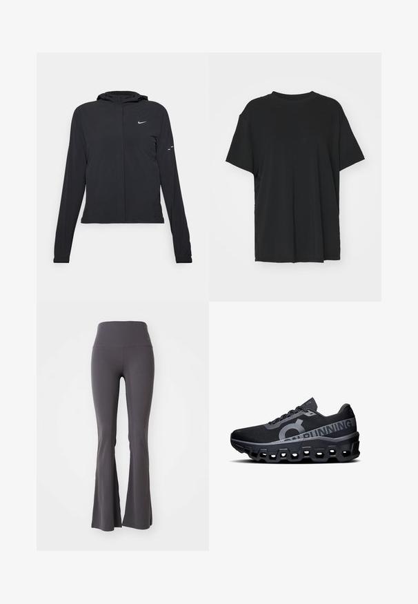 Must musta kapuutsiga jakk, millel on pikad varrukad ja mis on valmistatud kergetest materjalidest. Omab esitaskut, Nike logo ja kergelt silmatorkavaid disainiaktsente.; Must have lühikeste varrukatega must t-särk, mis on valmistatud siledast kangast, ümmarguse kaelusega ja laia lõikega. Omab külgslitsid, mis pakuvad lisamugavust ja hingavust.; Hallid joogapüksid, mis on valmistatud venivast kangast. Kõrge vöökoht ja sile tekstuur, esitades figuuri järgiva disaini kuni kellukese lõppudeni.; Mustad must jooksujalatsid tekstuurse võrkkattega, millel on silmapaistev logo ja peegeldavad aktsendid. Paksem vahtpeti, millel on kuusnurksete lõigetega tallad.