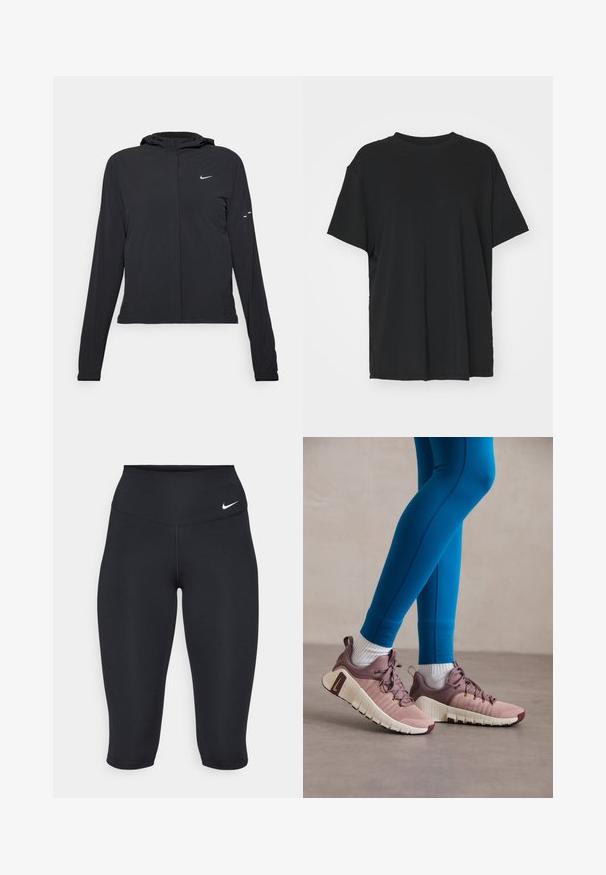 Černá kapucňová bunda s dlouhými rukávy, vyrobená z lehkého materiálu. Obsahuje přední zip, logo Nike a decentní designové akcenty.; Černé tričko s krátkým rukávem vyrobené z hladkého materiálu, s kulatým výstřihem a volným střihem. Obsahuje boční rozparky pro větší pohodlí a prodyšnost.; Nike černé capri legíny mají vysoký pas, hladký strečový materiál a jemný logo detail na přední straně.; Atletické boty v světle růžové a béžové barvě s texturovanými bočními panely, hnědými akcenty a flexibilními podrážkami. Nosí se s modrými legínami a bílými ponožkami.