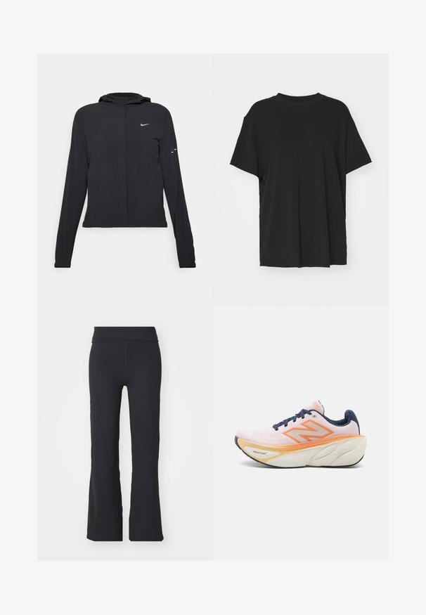 Mustassa hupparissa on pitkät hihat, ja se on valmistettu kevyestä materiaalista. Siinä on edessä vetoketju, Nike-logo ja hillityt muotoiluyksityiskohdat.; Musta lyhythihainen t-paita, joka on valmistettu sileästä kankaasta. Paidan muotoilu on pyöreä kaula-aukko ja väljä istuvuus. Lisämukavuutta ja hengittävyyttä lisäävät sivuhalkiot.; Mustat levenevät housut, jotka on valmistettu joustavasta kankaasta ja joissa on korkea vyötärö. Ominaisuuksina puhtaat linjat ja tasainen pinta, sopii arkivaatteeksi.; Juoksukengät, joissa on hengittävä vaaleanpunainen yläosa, oranssit yksityiskohdat, tummansiniset nauhat ja pehmustettu valkoinen pohja, jossa on tekstuuroitu kuvio.