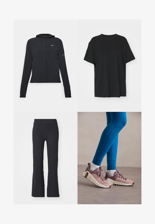 Crna jakna s kapuljačom i dugim rukavima, izrađena od laganog materijala. Ima prednji patentni zatvarač, Nike logo i suptilne dizajnerske detalje.; Crna majica kratkih rukava napravljena od glatkog materijala, s okruglim izrezom i slobodnim krojem. Ima bočne proreze za dodatnu udobnost i prozračnost.; Crne crne hlače s lepršavim krojem napravljene od rastezljivog materijala s visokim strukom. Imaju čiste linije i glatku teksturu, pogodne za svakodnevno nošenje.; Sportske cipele u svijetlo ružičastoj i bež boji s teksturiranim bočnim panelima, smešnim akcentima i fleksibilnim đonovima. Nošene s plavim tajicama i bijelim čarapama.