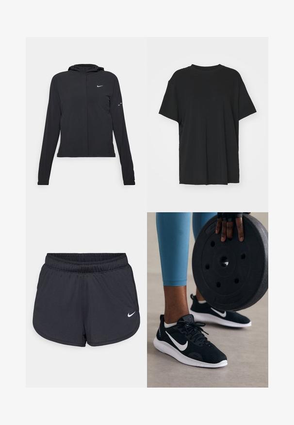 Must musta kapuutsiga jakk, millel on pikad varrukad ja mis on valmistatud kergetest materjalidest. Omab esitaskut, Nike logo ja kergelt silmatorkavaid disainiaktsente.; Must have lühikeste varrukatega must t-särk, mis on valmistatud siledast kangast, ümmarguse kaelusega ja laia lõikega. Omab külgslitsid, mis pakuvad lisamugavust ja hingavust.; Mustad mustikud mustad lühikesed püksid, mis on valmistatud kerge ja hingava kangaga. Omab elastset vööd ja valget Nike logo alumises paremas nurgas.; Mustad mustreesed jooksvad kingad, millel on õhuke pealis, valged aktsendid ja paks valge tall. Esiplaanil hoitakse musta raskust.