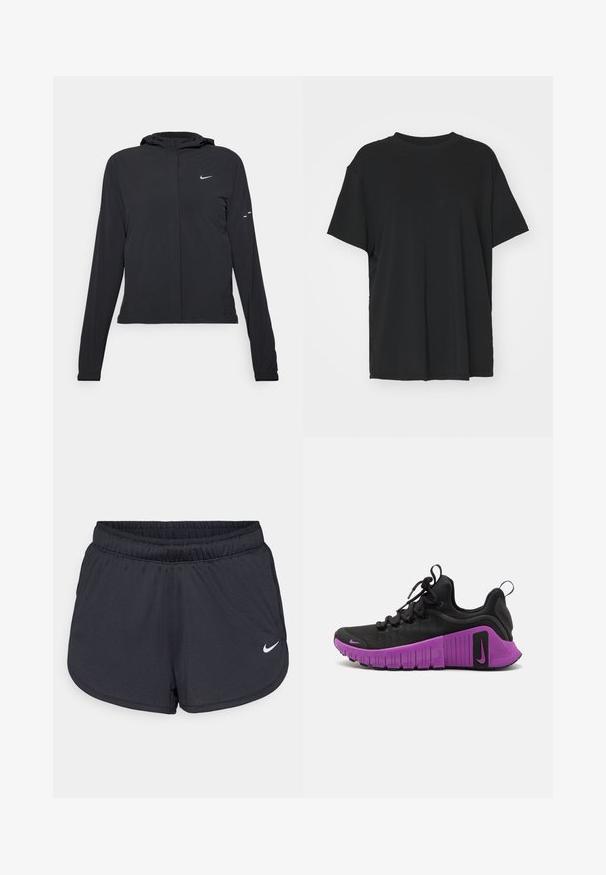 Melnā kapuci jaka ar garām piedurknēm, izgatavota no viegla materiāla. Tam ir priekšējais rāvējslēdzis, Nike logo un smalki dizaina akcenti.; Melna īsām piedurknēm T-krekli, izgatavots no gludas auduma, ar apaļu kakla izgriezumu un brīvu piegriezumu. Satur sānu šķēlumu, lai nodrošinātu papildu komfortu un gaisa caurlaidību.; Melnas sporta šortus, kas izgatavoti no viegla, elpojoša auduma. Iezīmē elastīga josta un balts Nike logo labajā apakšējā stūrī.; Melns sporta apavas ar strukturētu auduma augšdaļu, purpursarkanu gumijas zoli un biezu vilkšanas rakstu. Iekļautas kurpes un neliels Nike logotips.