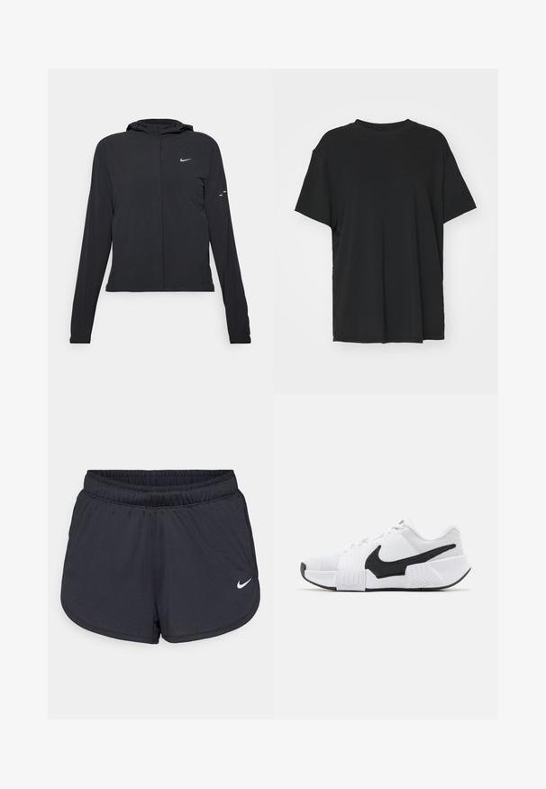 Černá kapucňová bunda s dlouhými rukávy, vyrobená z lehkého materiálu. Obsahuje přední zip, logo Nike a decentní designové akcenty.; Černé tričko s krátkým rukávem vyrobené z hladkého materiálu, s kulatým výstřihem a volným střihem. Obsahuje boční rozparky pro větší pohodlí a prodyšnost.; Černé sportovní šortky vyrobené z lehké, prodyšné látky. Obsahují elastický pás a bílé logo Nike na dolní pravé straně.; Bílé sportovní boty s černými akcenty, s texturovaným síťovaným svrškem, polstrovaným límcem a gumovou podrážkou se zoubkovaným vzorem.