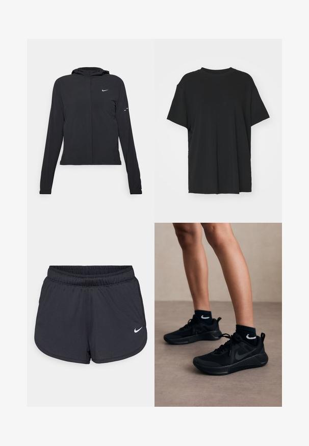 Fekete kapucnis dzseki hosszú ujjakkal, könnyű anyagból készült. Elülső cipzárral, Nike logóval és diszkrét dizájn elemekkel rendelkezik.; Fekete, rövid ujjú póló sima anyagból, kerek nyakkivágással és laza szabással. Oldalhasítékokkal a kényelem és a légáteresztés érdekében.; Fekete sportos rövidnadrág, könnyű, légáteresztő anyagból készült. Rugalmas derékpánttal rendelkezik, és a jobb alsó oldalon fehér Nike logó található.; Fekete sportcipők hálós dizájnnal és gumitalppal, a jól látható fekete Nike logóval. Tengerészkék, texturált zoknival párosítva.