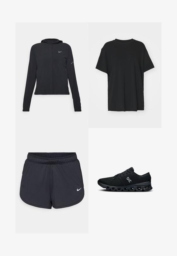 Must musta kapuutsiga jakk, millel on pikad varrukad ja mis on valmistatud kergetest materjalidest. Omab esitaskut, Nike logo ja kergelt silmatorkavaid disainiaktsente.; Must have lühikeste varrukatega must t-särk, mis on valmistatud siledast kangast, ümmarguse kaelusega ja laia lõikega. Omab külgslitsid, mis pakuvad lisamugavust ja hingavust.; Mustad mustikud mustad lühikesed püksid, mis on valmistatud kerge ja hingava kangaga. Omab elastset vööd ja valget Nike logo alumises paremas nurgas.; Mustad spordijalatsid, mille ülemine osa on hingav võrgus, elegantne disain ja pehme tald, millel on ainulaadne, segmentidega tallamuster.