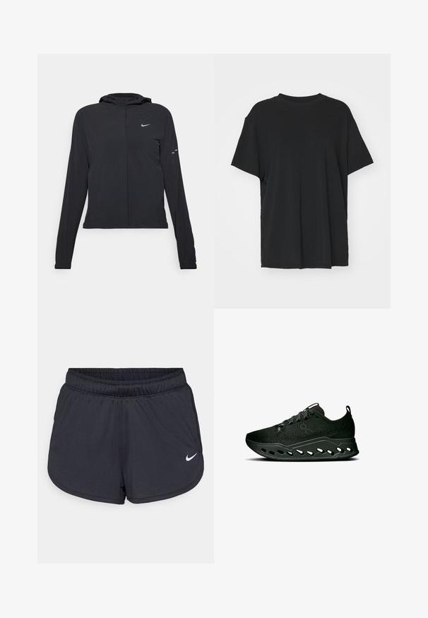 Svart huva jacka med långa ärmar, gjord av lätt material. Har en framdragare, en Nike-logotyp och subtila designelement.; Svart kortärmad t-shirt i slätt tyg, med rund hals och lös passform. Har sidslitsar för ökad komfort och andningsförmåga.; Svarta träningsshorts i lätt och andningsbart material. Har resårmidja och en vit Nike-logotyp på nedre högra sidan.; On CLOUDSURFER MAX - Väglöparskor - black eclipse