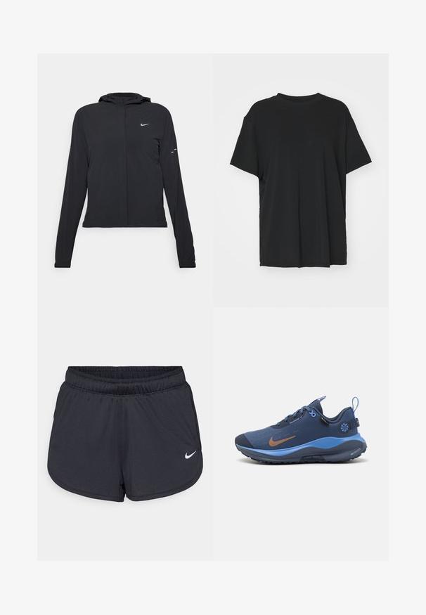 Black hooded jacket with long sleeves, made from lightweight material. Features a front zipper, a Nike logo, and subtle design accents.; Black short-sleeve t-shirt made of smooth fabric, with a crew neck and loose fit. Features side slits for added comfort and breathability.; Black athletic shorts made of lightweight, breathable fabric. Features an elastic waistband and white Nike logo on the lower right side.; Blue athletic shoe with a smooth, textured upper, featuring a brown Nike logo and contrasting light blue accents. Rubber sole with grip detailing.