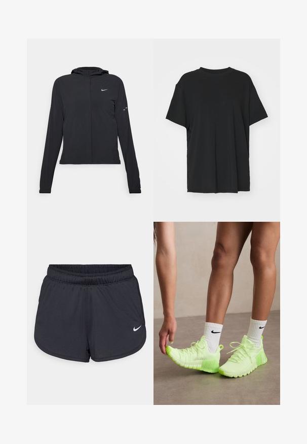 Sort hættetrøje med lange ærmer, lavet af letvægtsmateriale. Har en frontlynlås, et Nike-logo og subtile designaccenter.; Sort kortærmet t-shirt lavet af glat stof, med rund hals og løs pasform. Har sideskår for ekstra komfort og åndbarhed.; Sorte atletiske shorts lavet af letvægts, åndbart stof. Har en elastisk talje og hvidt Nike-logo på nederste højre side.; Neon grønne træningssko med struktureret sål, snøre-design og et hvidt Nike-logo på siden. Båret med hvide sokker med sorte detaljer.