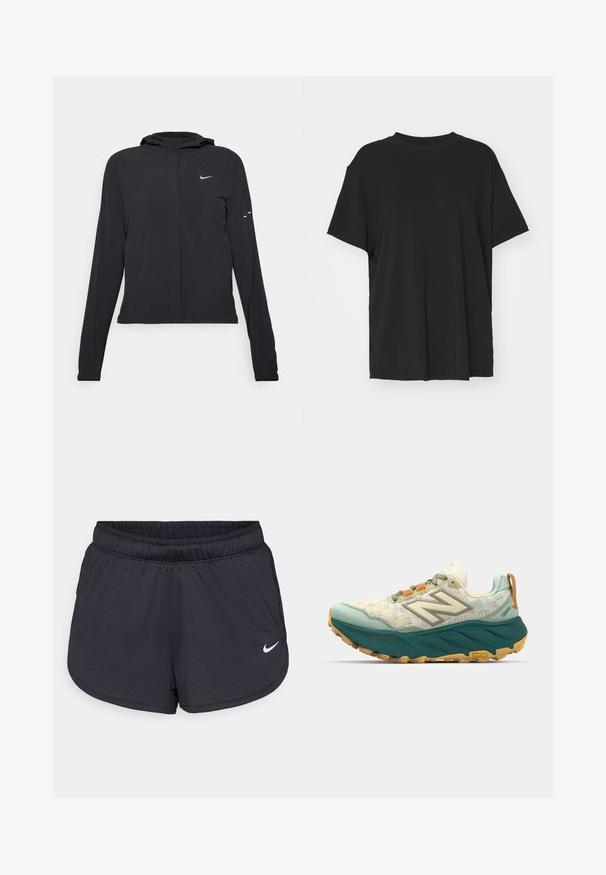 Giacca nera con cappuccio e maniche lunghe, realizzata in materiale leggero. Presenta una zip frontale, il logo Nike e accenti di design sottili.; T-shirt nera a maniche corte realizzata in un tessuto morbido, con collo rotondo e vestibilità ampia. Presenta delle fessure laterali per un comfort e una traspirabilità aggiuntivi.; Pantaloncini sportivi neri realizzati in tessuto leggero e traspirante. Caratterizzati da una vita elastica e dal logo Nike bianco sul lato inferiore destro.; Scarpe da corsa da uomo con tomaia leggera in rete color crema e teal, suola imbottita turchese e lacci arancioni con dettagli riflettenti.