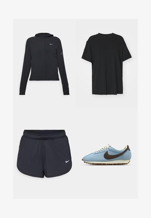 Chaqueta negra con capucha y mangas largas, hecha de un material ligero. Presenta un cierre frontal, un logo de Nike y acentos de diseño sutiles.; Camiseta negra de manga corta hecha de tejido suave, con cuello redondo y corte holgado. Presenta aberturas laterales para mayor comodidad y transpirabilidad.; Pantalones cortos deportivos negros hechos de un tejido ligero y transpirable. Cuentan con una cintura elástica y el logotipo blanco de Nike en la parte inferior derecha.; Zapatilla deportiva azul hecha de malla y ante. Presenta un logotipo de Nike en color marrón, cordones beige y una suela de goma texturizada para mayor agarre.