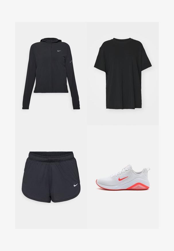 Melnā kapuci jaka ar garām piedurknēm, izgatavota no viegla materiāla. Tam ir priekšējais rāvējslēdzis, Nike logo un smalki dizaina akcenti.; Melna īsām piedurknēm T-krekli, izgatavots no gludas auduma, ar apaļu kakla izgriezumu un brīvu piegriezumu. Satur sānu šķēlumu, lai nodrošinātu papildu komfortu un gaisa caurlaidību.; Melnas sporta šortses ar elastīgu jostu, sportiska dizaina un baltu Nike logotipu apakšējā priekšpusē. Teksturēts audums.; Baltās sporta kurpes ar sietu augšdaļu, sarkaniem akcentiem uz swoosh un zole, kā arī ar mīkstinātu papēdi. Aprīkotas ar teksturētu ārējo zoli, kas nodrošina saķeri.