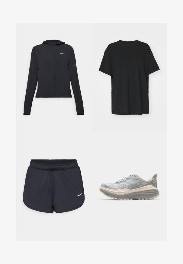 Veste à capuche noire avec des manches longues, fabriquée en matériau léger. Elle comporte une fermeture éclair à l'avant, un logo Nike et des accents de design subtils.; T-shirt noir à manches courtes en tissu lisse, avec un col ras du cou et une coupe décontractée. Présente des fentes sur les côtés pour plus de confort et de respirabilité.; Shorts de sport noirs avec une taille élastique, présentant un design sportif et un logo Nike blanc sur le bas à l'avant. Tissu texturé.; Baskets de course gris clair avec une tige en mesh texturé, une semelle épaisse et rembourrée, et un talon renforcé. Comprend des lacets plats et un logo discret.