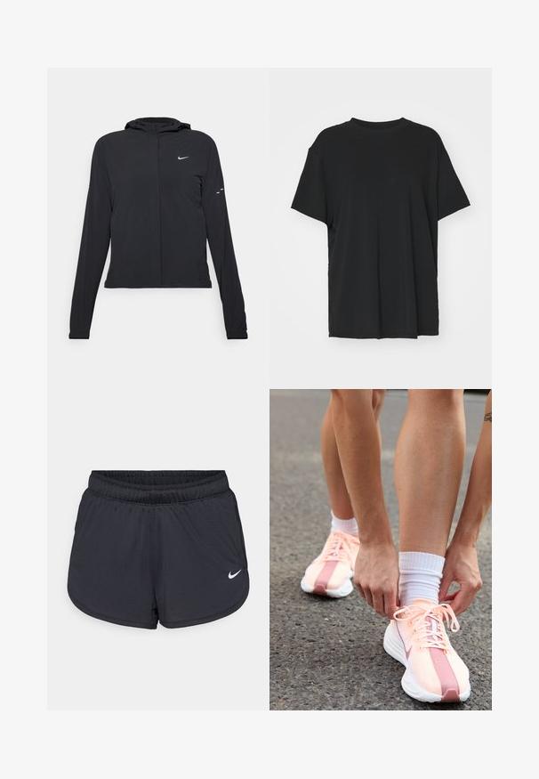 Black hooded jacket with long sleeves, made from lightweight material. Features a front zipper, a Nike logo, and subtle design accents.; Black short-sleeve t-shirt made of smooth fabric, with a crew neck and loose fit. Features side slits for added comfort and breathability.; Black athletic shorts with an elastic waistband, featuring a sporty design and a white Nike logo on the lower front. Textured fabric.; Nike Performance PEGASUS PLUS - Road running shoes - crimson tint/white/pure platinum/red stardust/vast grey