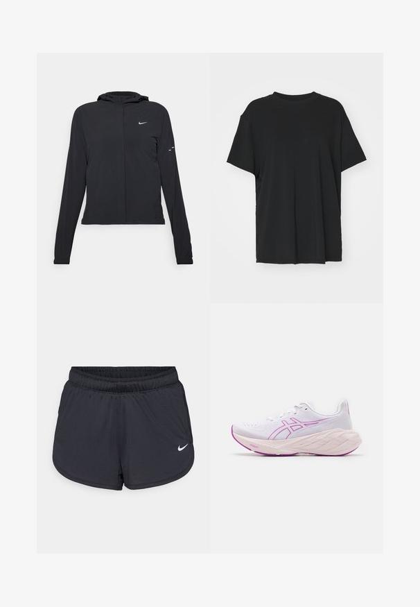 Veste à capuche noire avec des manches longues, fabriquée en matériau léger. Elle comporte une fermeture éclair à l'avant, un logo Nike et des accents de design subtils.; T-shirt noir à manches courtes en tissu lisse, avec un col ras du cou et une coupe décontractée. Présente des fentes sur les côtés pour plus de confort et de respirabilité.; Shorts de sport noirs avec une taille élastique, présentant un design sportif et un logo Nike blanc sur le bas à l'avant. Tissu texturé.; Chaussure de sport blanche avec des accents roses, upper texturé, design léger et semelle épaisse à plusieurs couches. Logo présent sur le côté.
