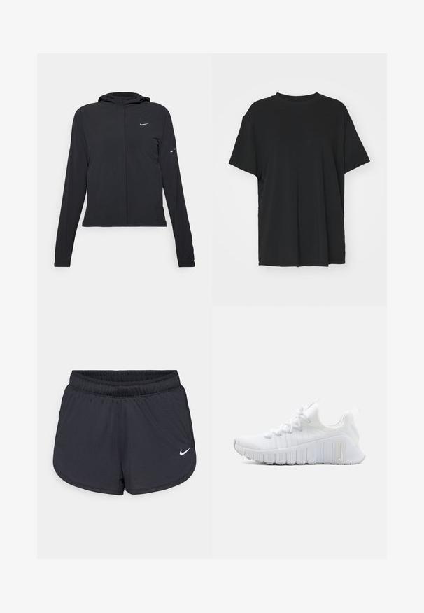 Zwarte kaptrui met lange mouwen, gemaakt van lichtgewicht materiaal. Voorzien van een ritssluiting aan de voorkant, een Nike-logo en subtiele ontwerpelementen.; Zwarte korte mouwen t-shirt van soepel stof, met een ronde hals en een losse pasvorm. Heeft zij-splitten voor extra comfort en ademend vermogen.; Zwarte sportieve shorts met een elastische tailleband, een sportief ontwerp en een wit Nike-logo aan de voorkant onderaan. Getextureerde stof.; Witte sportschoen met een gestructureerde bovenkant, platte vetersluiting en een opvallende rubberen zool met verticale groeven. Bevat een logo aan de zijkant.