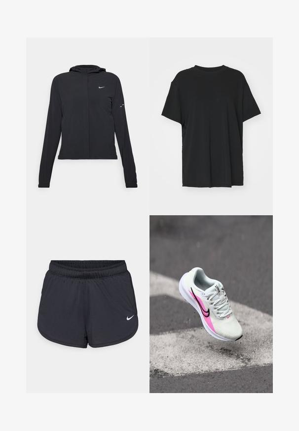 Sort hættetrøje med lange ærmer, lavet af letvægtsmateriale. Har en frontlynlås, et Nike-logo og subtile designaccenter.; Sort kortærmet t-shirt lavet af glat stof, med rund hals og løs pasform. Har sideskår for ekstra komfort og åndbarhed.; Sorte atletikshorts med elastisk talje, med et sporty design og en hvid Nike-logo på den nederste front. Tekstureret stof.; Letvægt løbesko i hvid mesh, med lyserøde og sorte accenter, hævet hæl og tekstureret sål, placeret i luften over belægningen.