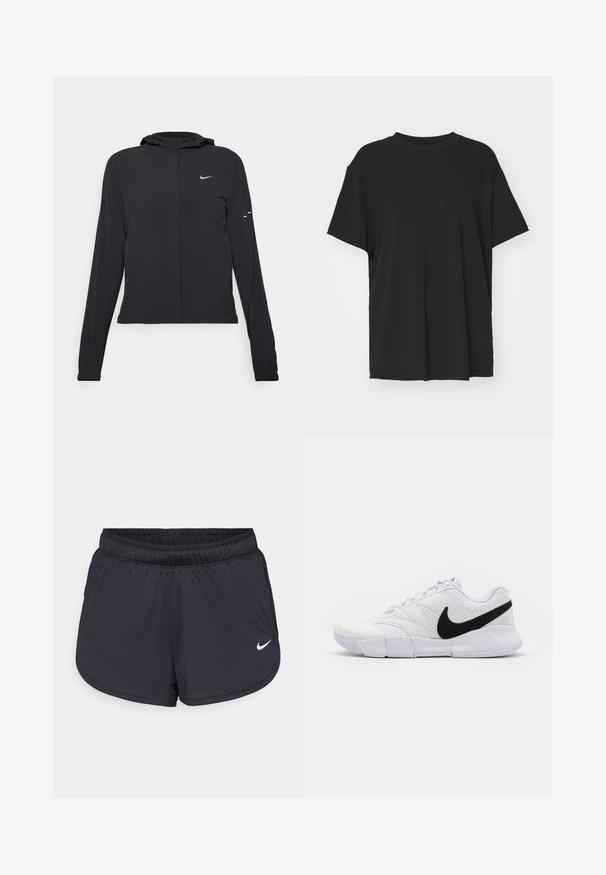 Must musta kapuutsiga jakk, millel on pikad varrukad ja mis on valmistatud kergetest materjalidest. Omab esitaskut, Nike logo ja kergelt silmatorkavaid disainiaktsente.; Must have lühikeste varrukatega must t-särk, mis on valmistatud siledast kangast, ümmarguse kaelusega ja laia lõikega. Omab külgslitsid, mis pakuvad lisamugavust ja hingavust.; Mustad sportlikud lühikesed püksid elastse vöökohaga, millel on spordilik disain ja valge Nike logo alumisel esiküljel. Kootud kangas.; Valge sportlik king, millel on tekstuuriga nahast ülemine osa, must swoosh-logo ja pehmendusega krae. Omab kummist tallat, mis tagab hea haarde.