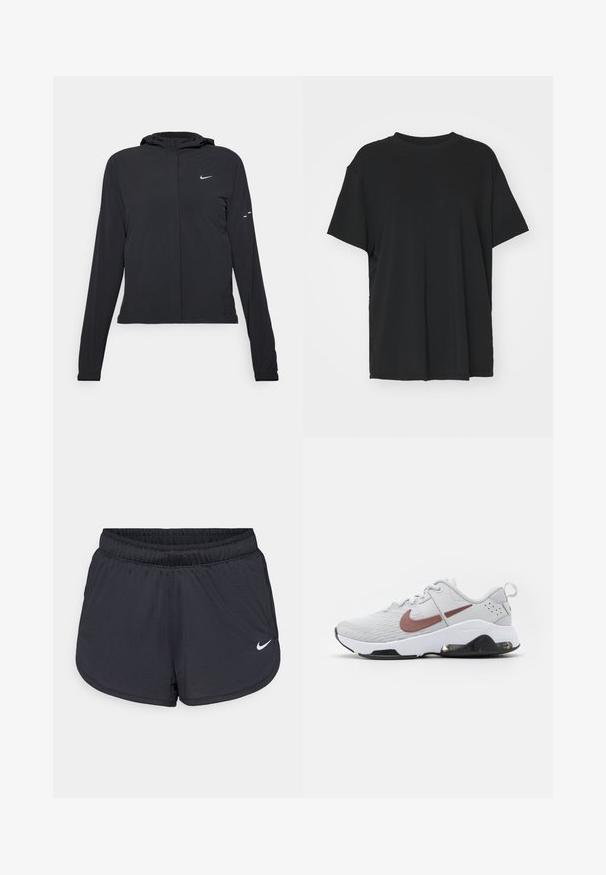 Must musta kapuutsiga jakk, millel on pikad varrukad ja mis on valmistatud kergetest materjalidest. Omab esitaskut, Nike logo ja kergelt silmatorkavaid disainiaktsente.; Must have lühikeste varrukatega must t-särk, mis on valmistatud siledast kangast, ümmarguse kaelusega ja laia lõikega. Omab külgslitsid, mis pakuvad lisamugavust ja hingavust.; Mustad sportlikud lühikesed püksid elastse vöökohaga, millel on spordilik disain ja valge Nike logo alumisel esiküljel. Kootud kangas.; Nike Performance ZOOM BELLA 6 - Treeningjalatsid - photon dust/smokey mauve/white/black