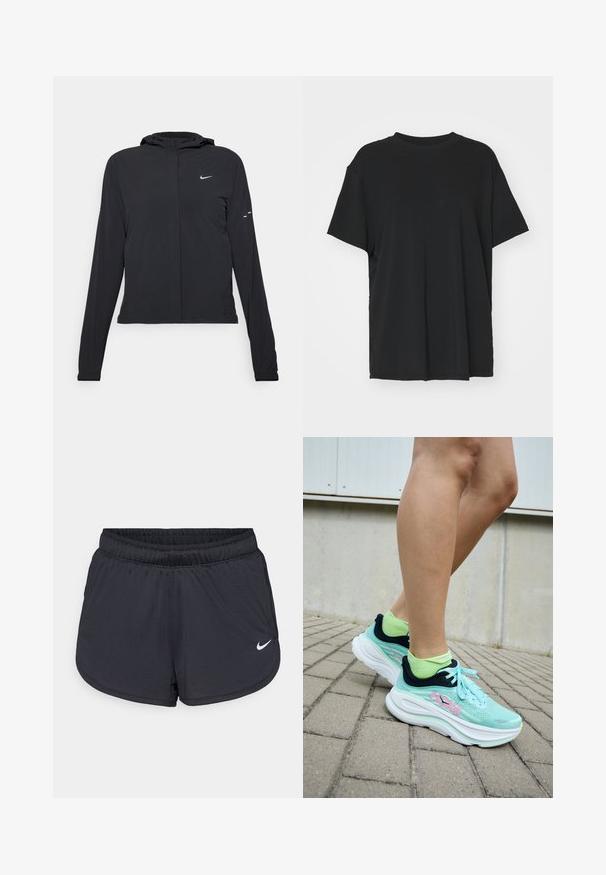 Svart hettegenser med lange ermer, laget av lett materiale. Har glidelås foran, Nike-logo og subtile design detaljer.; Svart t-skjorte med korte ermer laget av glatt stoff, med rund hals og løs passform. Har sideslisser for ekstra komfort og pusteevne.; Sorte atletiske shorts med elastisk midjebånd, med et sporty design og en hvit Nike-logo på nedre front. Teksturert stoff.; HOKA-sko i lyseblått med mørkeblå detaljer og rosa logo; mesh-overdel og tykk hvit såle; kombinert med klare grønne sokker.