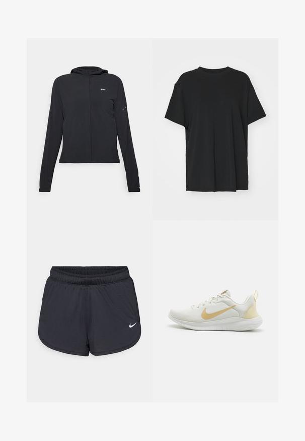 Schwarze Kapuzenjacke mit langen Ärmeln, aus leichtem Material gefertigt. Sie hat einen vorderen Reißverschluss, ein Nike-Logo und dezente Designelemente.; Schwarzes T-Shirt mit kurzen Ärmeln aus glattem Stoff, mit Rundhalsausschnitt und lockerer Passform. Verfügt über seitliche Schlitze für zusätzlichen Komfort und Atmungsaktivität.; Schwarze Sportshorts mit elastischem Bund, sportlichem Design und weißem Nike-Logo vorne unten. Strukturierter Stoff.; Weißer Sport Schuh mit einem strukturierten Mesh-Obermaterial, goldenen Akzenten und einer flexiblen Sohle. Verfügt über einen Zugtab an der Ferse für einfaches Anziehen.