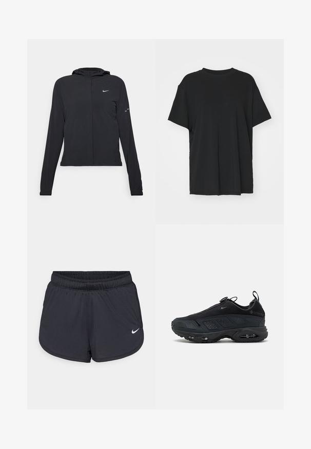 Casaco preto com capuz e mangas longas, feito de material leve. Apresenta um fecho dourado na frente, um logótipo da Nike e detalhes de design subtis.; T-shirt preto de manga curta feito de tecido suave, com decote redondo e corte solto. Apresenta aberturas laterais para maior conforto e respirabilidade.; Calções atléticos pretos com cintura elástica, apresentando um design desportivo e um logótipo Nike branco na parte inferior da frente. Tecido texturizado.; Ténis pretos com um upper em malha texturizada, sola de borracha e amortecimento de ar visível. Possui tiras e acentos perfurados para respirabilidade.