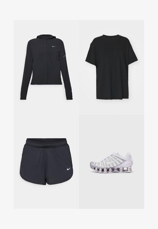 Black hooded jacket with long sleeves, made from lightweight material. Features a front zipper, a Nike logo, and subtle design accents.; Black short-sleeve t-shirt made of smooth fabric, with a crew neck and loose fit. Features side slits for added comfort and breathability.; Black athletic shorts with an elastic waistband, featuring a sporty design and a white Nike logo on the lower front. Textured fabric.; White and purple athletic shoe featuring a mesh upper, distinctive wave design, and large rounded cushioning pods in the sole.