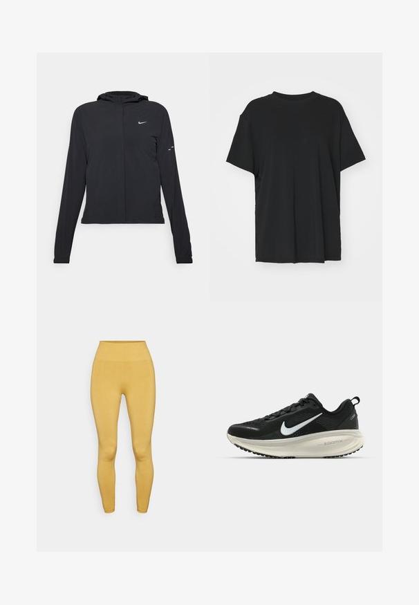 Černá kapucňová bunda s dlouhými rukávy, vyrobená z lehkého materiálu. Obsahuje přední zip, logo Nike a decentní designové akcenty.; Černé tričko s krátkým rukávem vyrobené z hladkého materiálu, s kulatým výstřihem a volným střihem. Obsahuje boční rozparky pro větší pohodlí a prodyšnost.; Yogasearcher ASA SEAMLESS LEGGING - Punčochy - curry; Černá běžecká obuv Nike s prodyšným síťovaným svrškem, bílým logem swoosh, texturovanými detaily a krémovou mezipodešví ZoomX.