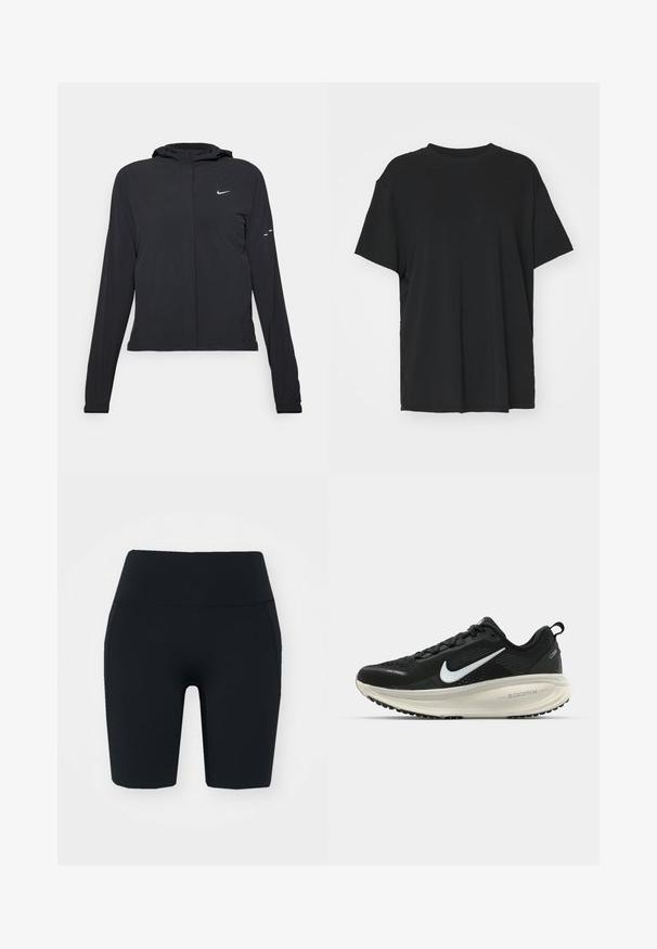 Zwarte kaptrui met lange mouwen, gemaakt van lichtgewicht materiaal. Voorzien van een ritssluiting aan de voorkant, een Nike-logo en subtiele ontwerpelementen.; Zwarte korte mouwen t-shirt van soepel stof, met een ronde hals en een losse pasvorm. Heeft zij-splitten voor extra comfort en ademend vermogen.; Zwarte high-waisted fietsshorts van rekbaar materiaal met een gladde textuur, voorzien van zijzakken en een pasvormdesign.; Zwarte Nike hardloopschoen met ademend mesh bovenwerk, witte swoosh-logo, gestructureerde details en een crèmekleurige ZoomX middenzool.