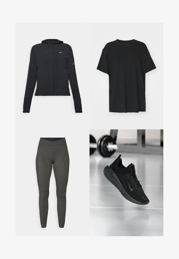 Giacca nera con cappuccio e maniche lunghe, realizzata in materiale leggero. Presenta una zip frontale, il logo Nike e accenti di design sottili.; T-shirt nera a maniche corte realizzata in un tessuto morbido, con collo rotondo e vestibilità ampia. Presenta delle fessure laterali per un comfort e una traspirabilità aggiuntivi.; Leggings a vita alta di colore verde oliva, realizzati in un materiale elasticizzato con una superficie liscia e cuciture piatte, che offrono una silhouette aderente.; Sneaker sportivo nero con logo Nike, mostrato in volo su un pavimento da palestra, con un supporto per pesi sfocato sullo sfondo.