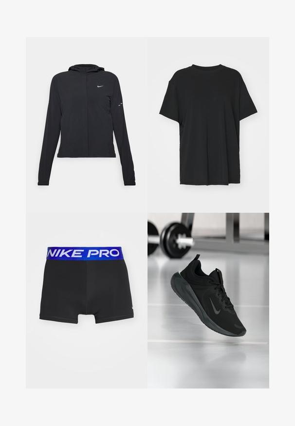 Černá kapucňová bunda s dlouhými rukávy, vyrobená z lehkého materiálu. Obsahuje přední zip, logo Nike a decentní designové akcenty.; Černé tričko s krátkým rukávem vyrobené z hladkého materiálu, s kulatým výstřihem a volným střihem. Obsahuje boční rozparky pro větší pohodlí a prodyšnost.; Černé sportovní šortky s širokým modrým elastickým pasem, na kterém je nápis "NIKE PRO" v bílé barvě. Hladká látka, přiléhavý střih, délka nad kolena.; Černé sportovní tenisky s logem Nike, zobrazené ve vzduchu na podlaze tělocvičny, s rozostřeným regálem s činkami na pozadí.