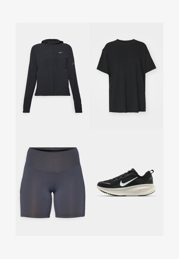 Casaco preto com capuz e mangas longas, feito de material leve. Apresenta um fecho dourado na frente, um logótipo da Nike e detalhes de design subtis.; T-shirt preto de manga curta feito de tecido suave, com decote redondo e corte solto. Apresenta aberturas laterais para maior conforto e respirabilidade.; Calças curtas desportivas em cinza escuro, feitas de um tecido suave e elástico. Apresentam uma cintura alta e costuras em contraste, com um detalhe de bolso lateral.; Sapatilha de corrida Nike preta com parte superior de malha respirável, logotipo Swoosh branco, detalhes texturizados e uma entressola ZoomX na cor creme.