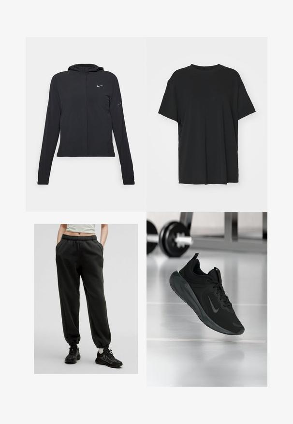 Melnā kapuci jaka ar garām piedurknēm, izgatavota no viegla materiāla. Tam ir priekšējais rāvējslēdzis, Nike logo un smalki dizaina akcenti.; Melna īsām piedurknēm T-krekli, izgatavots no gludas auduma, ar apaļu kakla izgriezumu un brīvu piegriezumu. Satur sānu šķēlumu, lai nodrošinātu papildu komfortu un gaisa caurlaidību.; Melnas sporta bikses ar saistēm, sānu kabatām un elastīgiem gumijām. Mīksta auduma ar brīvu piegriezumu, kombinētas ar struktūrētām melnām sporta apaviem.; Melnas sporta kedas ar Nike logo, rādot gaisā uz sporta zāles grīdas, ar izplūdušu hantelēm fona.