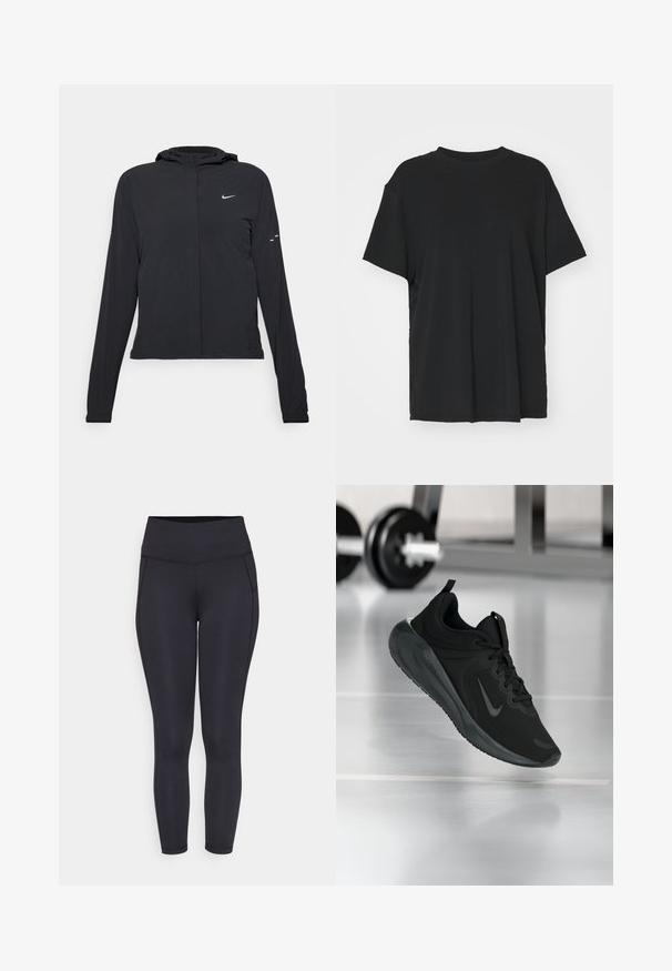 Casaco preto com capuz e mangas longas, feito de material leve. Apresenta um fecho dourado na frente, um logótipo da Nike e detalhes de design subtis.; T-shirt preto de manga curta feito de tecido suave, com decote redondo e corte solto. Apresenta aberturas laterais para maior conforto e respirabilidade.; Leggings pretos de cintura alta feitos de tecido elástico, com costuras laterais e uma textura suave. Sem bolsos visíveis.; Sapatilha desportiva preta com o logotipo da Nike, mostrada em pleno ar sobre o chão do ginásio, com um suporte de halteres desfocado ao fundo.
