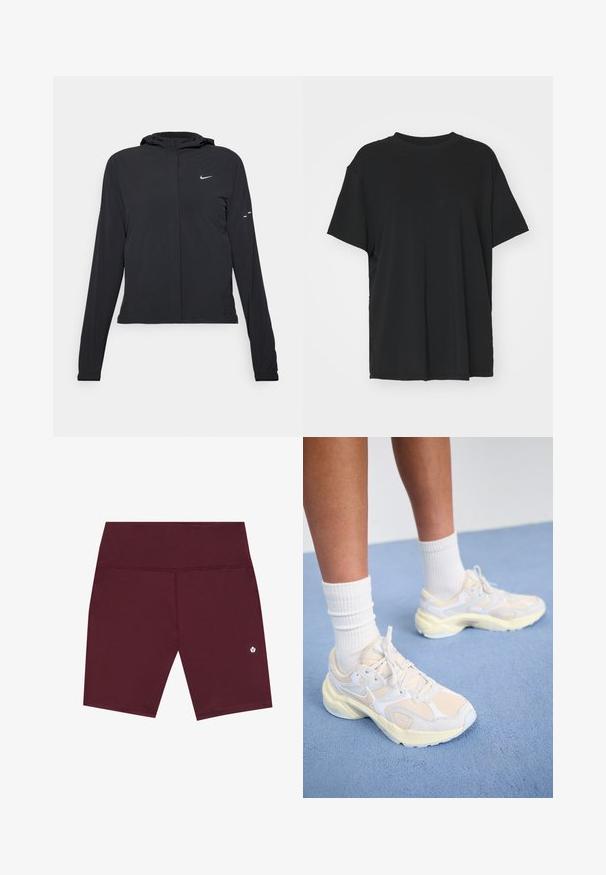 Must musta kapuutsiga jakk, millel on pikad varrukad ja mis on valmistatud kergetest materjalidest. Omab esitaskut, Nike logo ja kergelt silmatorkavaid disainiaktsente.; Must have lühikeste varrukatega must t-särk, mis on valmistatud siledast kangast, ümmarguse kaelusega ja laia lõikega. Omab külgslitsid, mis pakuvad lisamugavust ja hingavust.; Burgundi sportlikud lühikesed püksid siledast materjalist, laia vöökoha ja peene logo detailiga hemmi lähedal. Keskmise reie pikkuse kujundus.; Siledatletilised jalanõud helesinises ja valges, koosnevad võrkmaterjalidest ja sünteetilistest materjalidest, ümar kuju ja tekstuuriga tallad.