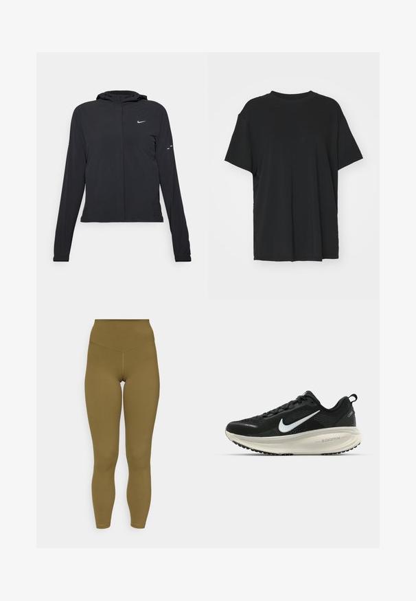 Black hooded jacket with long sleeves, made from lightweight material. Features a front zipper, a Nike logo, and subtle design accents.; Black short-sleeve t-shirt made of smooth fabric, with a crew neck and loose fit. Features side slits for added comfort and breathability.; High-waisted olive green leggings made of smooth, stretchy fabric with a fitted design and flatlock seams for comfort.; Black Nike running shoe with breathable mesh upper, white swoosh logo, textured detailing, and a cream-colored ZoomX midsole.