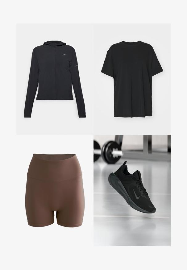 Veste à capuche noire avec des manches longues, fabriquée en matériau léger. Elle comporte une fermeture éclair à l'avant, un logo Nike et des accents de design subtils.; T-shirt noir à manches courtes en tissu lisse, avec un col ras du cou et une coupe décontractée. Présente des fentes sur les côtés pour plus de confort et de respirabilité.; aim’n® SHAPE SEAMLESS - Short - brown; Baskets de sport noires avec le logo Nike, montrées en l'air au-dessus d'un sol de gym, avec un rack de haltères flou en arrière-plan.