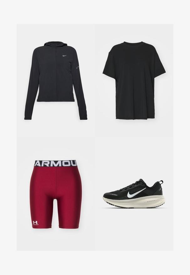 Giacca nera con cappuccio e maniche lunghe, realizzata in materiale leggero. Presenta una zip frontale, il logo Nike e accenti di design sottili.; T-shirt nera a maniche corte realizzata in un tessuto morbido, con collo rotondo e vestibilità ampia. Presenta delle fessure laterali per un comfort e una traspirabilità aggiuntivi.; Shorts a compressione rossi con un elastico nero in vita, impreziositi da testo bianco "ARMOUR" e dal logo Under Armour sulla parte inferiore della gamba sinistra.; Scarpa da corsa nera Nike con tomaia in rete traspirante, logo Swoosh bianco, dettagli testurizzati e intersuola ZoomX di colore crema.