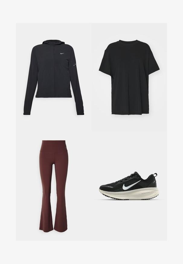 Giacca nera con cappuccio e maniche lunghe, realizzata in materiale leggero. Presenta una zip frontale, il logo Nike e accenti di design sottili.; T-shirt nera a maniche corte realizzata in un tessuto morbido, con collo rotondo e vestibilità ampia. Presenta delle fessure laterali per un comfort e una traspirabilità aggiuntivi.; Leggings a zampa di elefante bordeaux con vita alta e tessuto morbido ed elastico. Presenta un piccolo logo blu sul lato sinistro superiore.; Scarpa da corsa nera Nike con tomaia in rete traspirante, logo Swoosh bianco, dettagli testurizzati e intersuola ZoomX di colore crema.