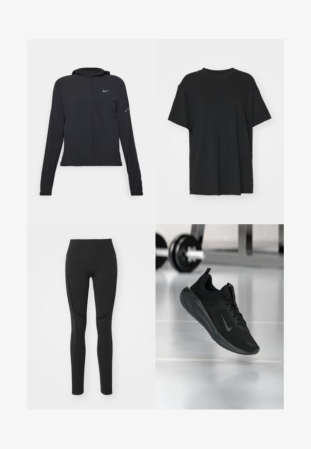 Čierna kapucňová bunda s dlhou rukávou, vyrobená z ľahkého materiálu. Má predný zips, logo Nike a jemné dizajnové akcenty.; Čierne tričko s krátkym rukávom vyrobené z hladkej tkaniny, s okrúhlym výstrihom a voľným strihom. Obsahuje bočné rozparky pre väčšie pohodlie a priedušnosť.; Čierne legíny s vysokým pásom, hladkým materiálom a kontrastnou bočnou časťou. Sú priliehavého strihu a siahajú po členky.; Čierne športové tenisky s logom Nike, zobrazené vo vzduchu na podlahe telocvične, s rozmazaným regálom činkami v pozadí.