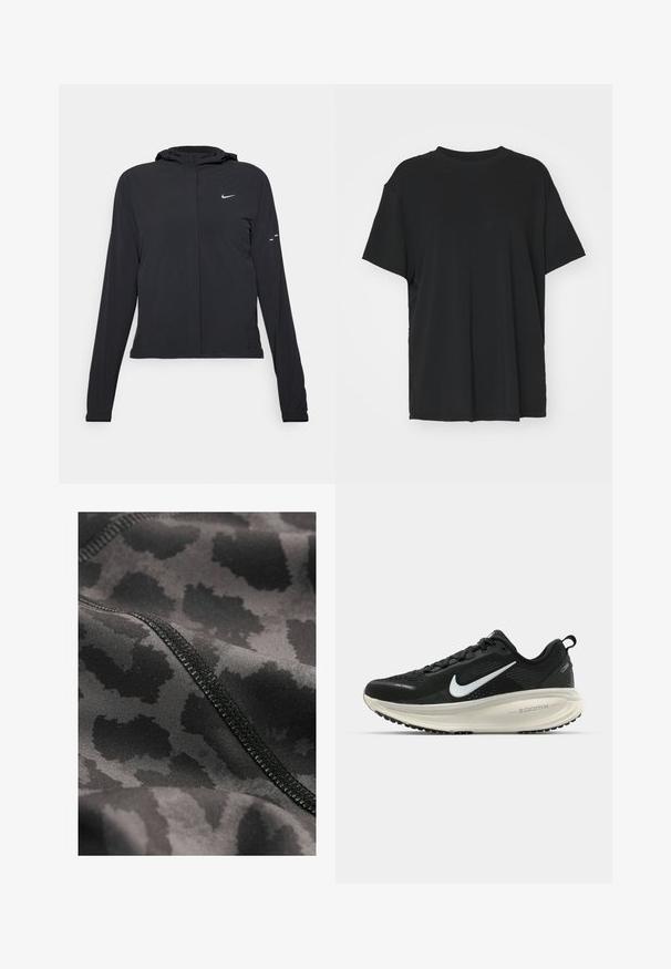 Črna kapuča s dolgimi rokavi, izdelana iz lahkega materiala. Ima sprednji zadrgo, logotip Nike in subtilne oblikovne detajle.; Črna kratka majica s kratkimi rokavi, izdelana iz gladkega materiala, s kroјnim ovratnikom in prostim krojem. Ima stranske razpoke za dodatno udobje in zračnost.; Črno atletsko blago s subtilnim vzorcem leopardjega tiska. Gladek tekstura z vidnimi šivi ob robovih.; Črne Nike tekaške čevlje z zračno mrežno zgornjim delom, belim logotipom Swoosh, teksturiranimi detajli in smetanasto barvnim srednjim delom ZoomX.