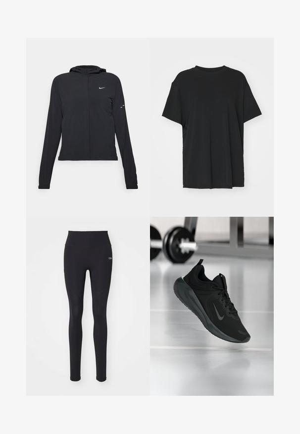 Černá kapucňová bunda s dlouhými rukávy, vyrobená z lehkého materiálu. Obsahuje přední zip, logo Nike a decentní designové akcenty.; Černé tričko s krátkým rukávem vyrobené z hladkého materiálu, s kulatým výstřihem a volným střihem. Obsahuje boční rozparky pro větší pohodlí a prodyšnost.; Černé legíny vyrobené z elastického materiálu, s vysokým pasem, hladkou strukturou, obsahující švy a malé logo.; Černé sportovní tenisky s logem Nike, zobrazené ve vzduchu na podlaze tělocvičny, s rozostřeným regálem s činkami na pozadí.